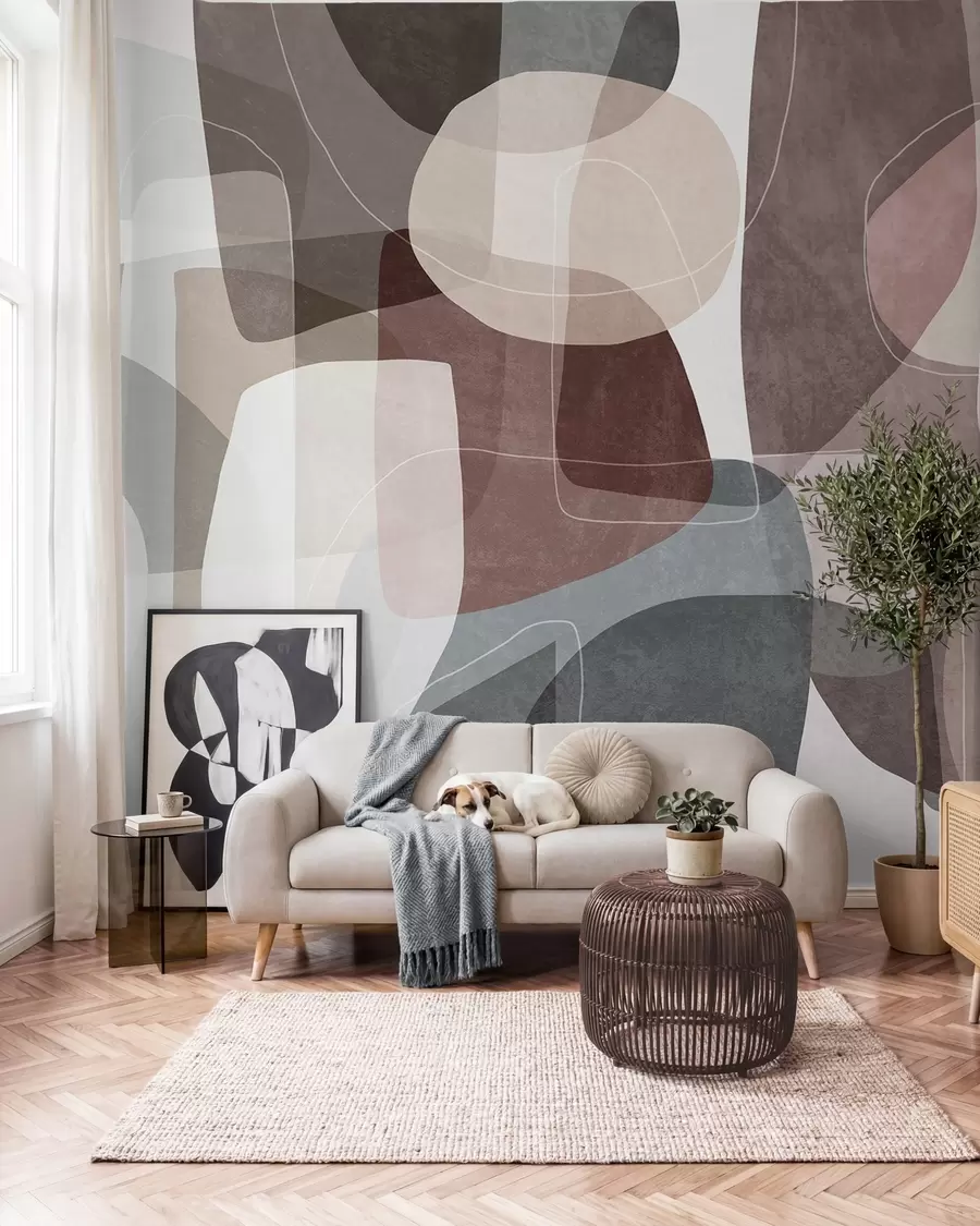 murales de pared Formas abstractas en tonos tierra apagados con finas líneas blancas y texturas superpuestas w09942