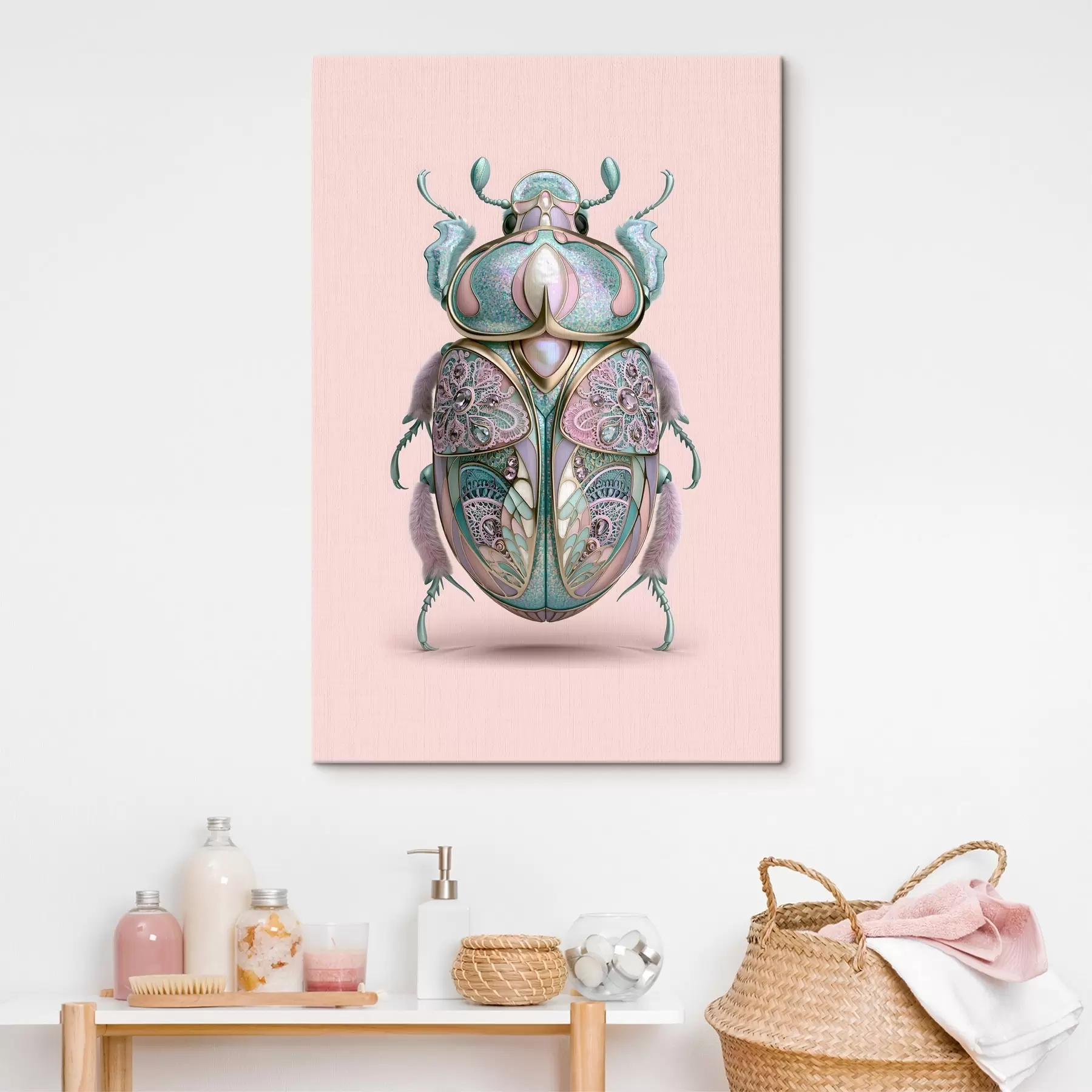 murales de pared Un escarabajo diseñado para parecer una joya preciosa sobre un fondo rosa s49863