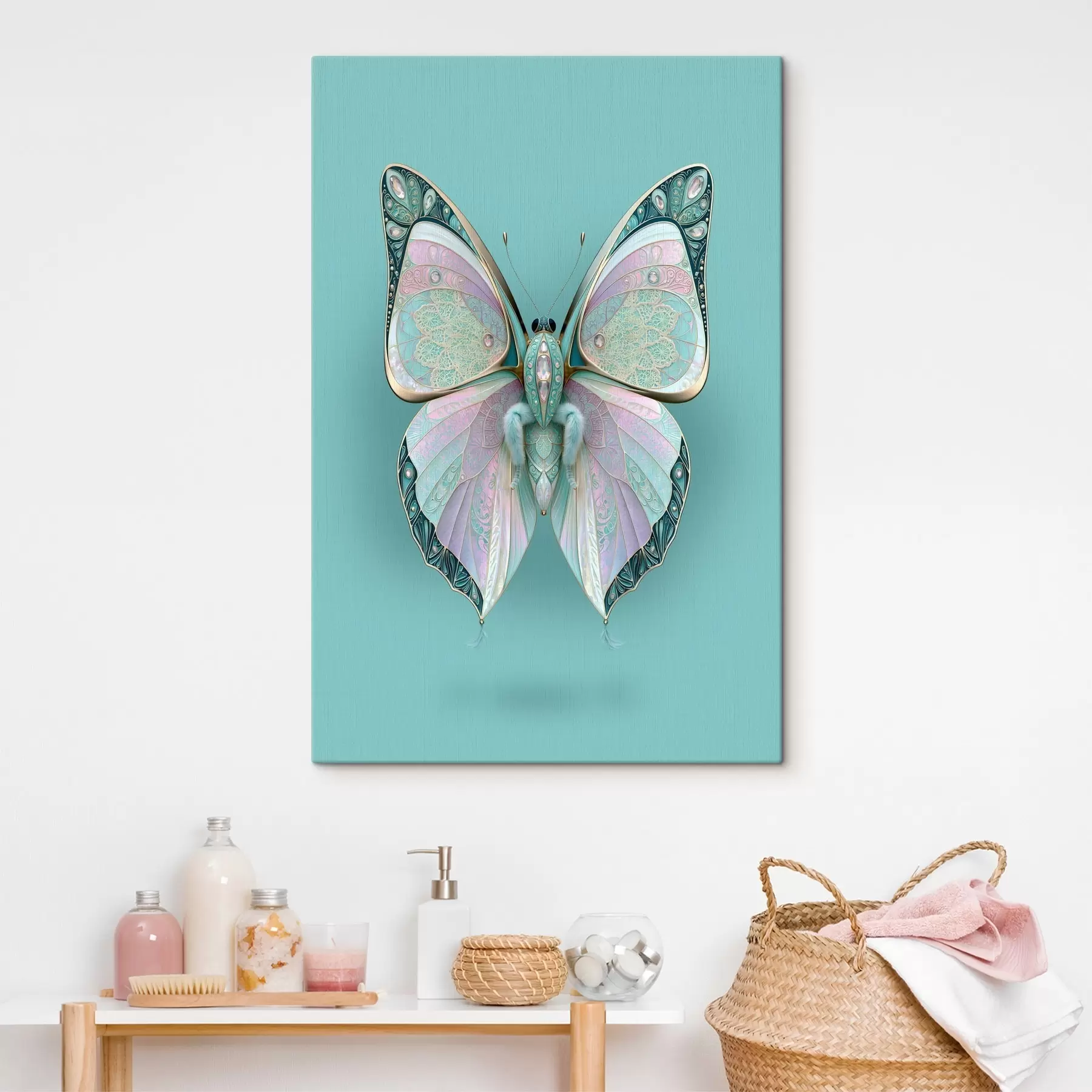 murales de pared Una mariposa al estilo de las joyas de lujo sobre un fondo turquesa s49864