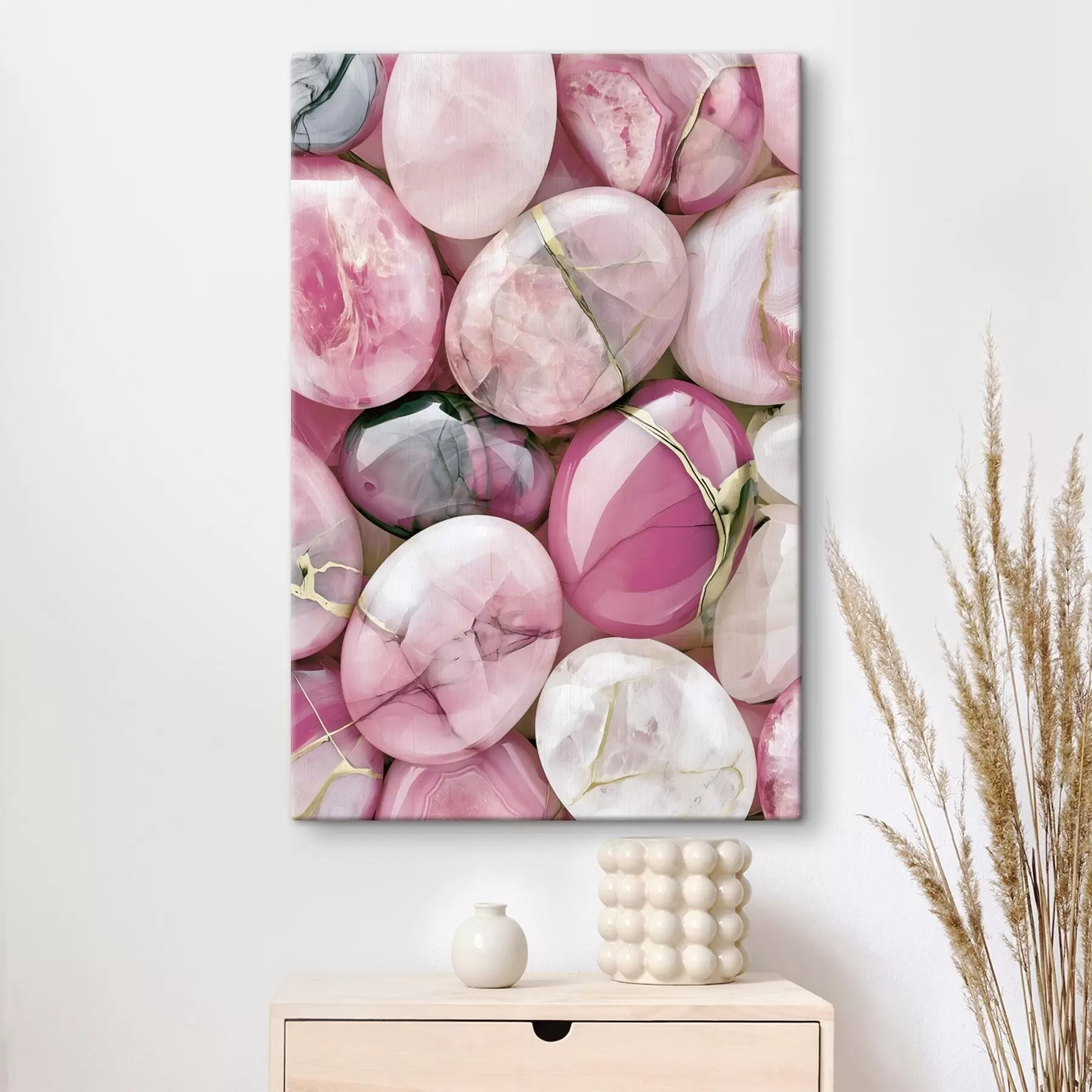 murales de pared Una elegante composición «flat lay» de piedras preciosas pulidas en diversos tonos de rosa palo s49872