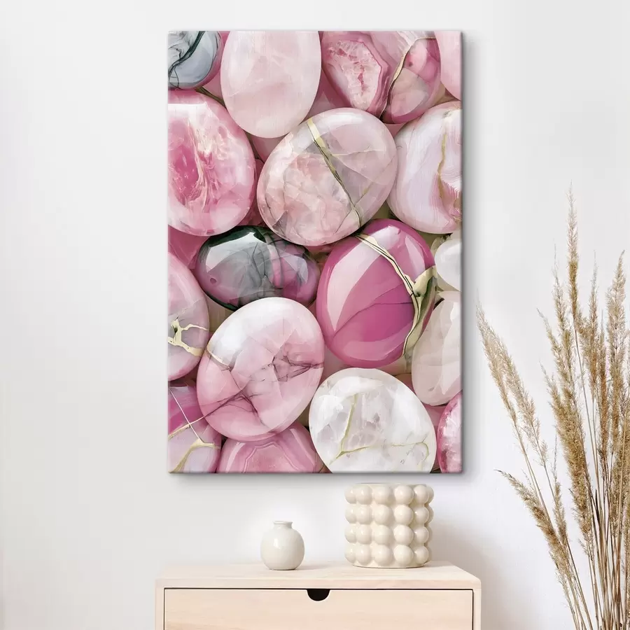 murales de pared Una elegante composición «flat lay» de piedras preciosas pulidas en diversos tonos de rosa palo s49872