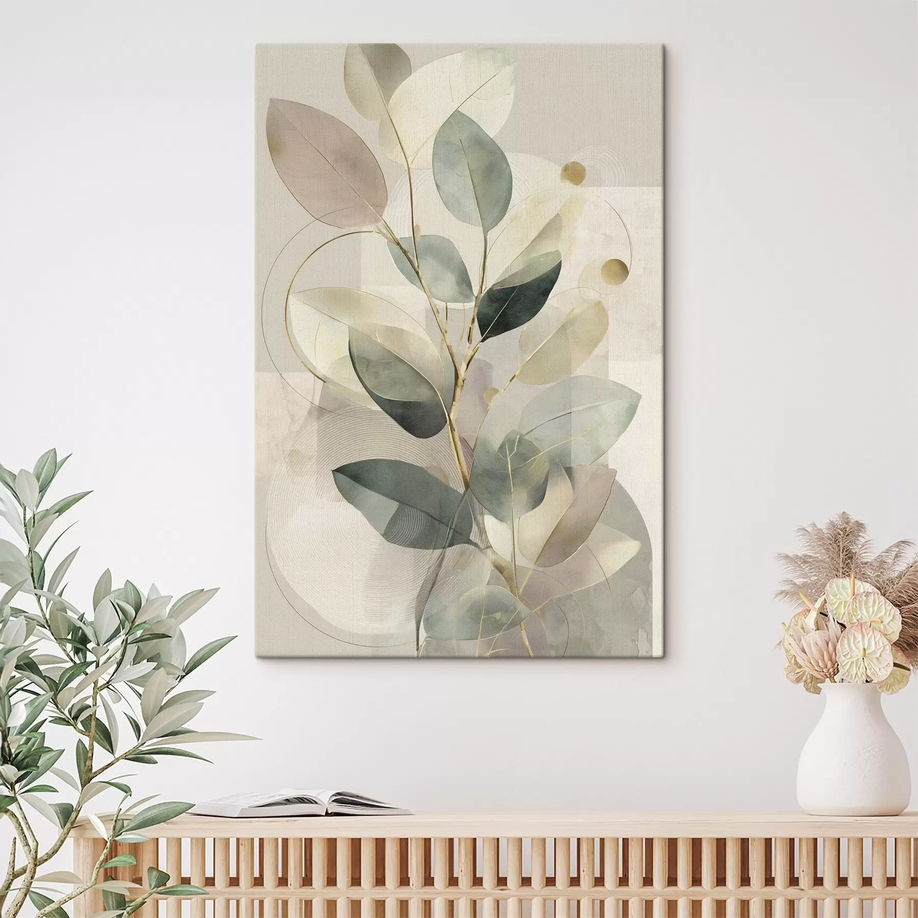 murales de pared Obra de arte abstracta botánica minimalista: una elegante rama de olivo con delicadas hojas de color verde salvia y beige cálido s49878