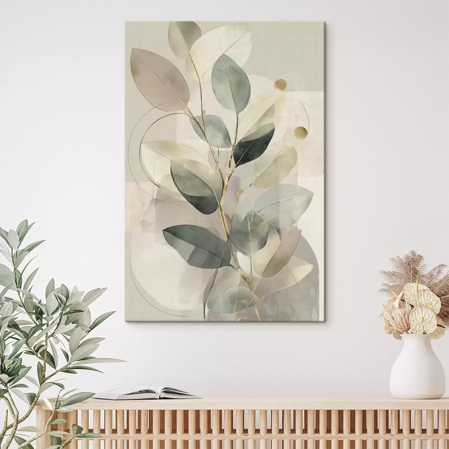 murales de pared Obra de arte abstracta botánica minimalista: una elegante rama de olivo con delicadas hojas de color verde salvia y beige cálido s49878