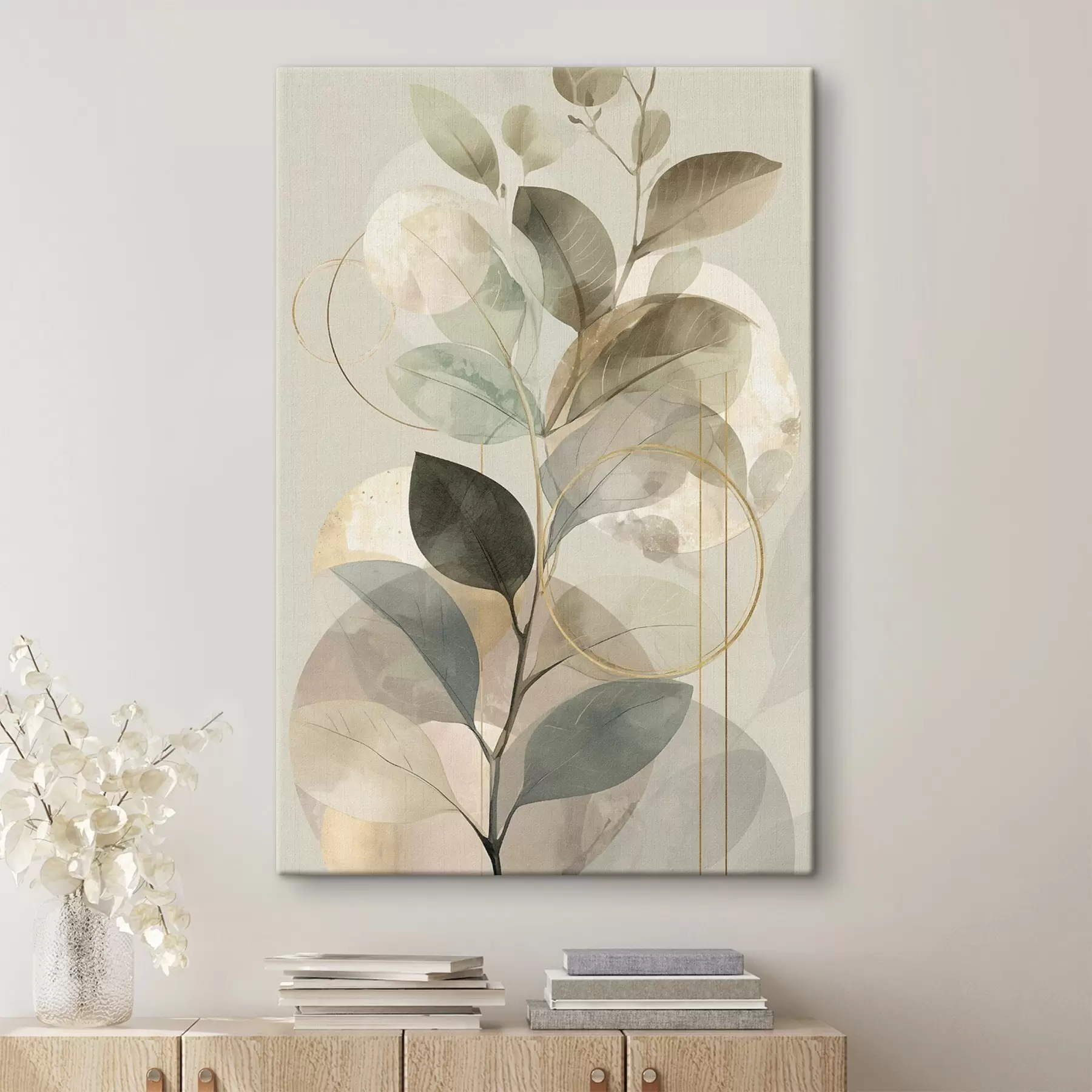murales de pared Obra de arte abstracta botánica minimalista: una elegante rama de olivo con delicadas hojas de color verde salvia y beige cálido s49879
