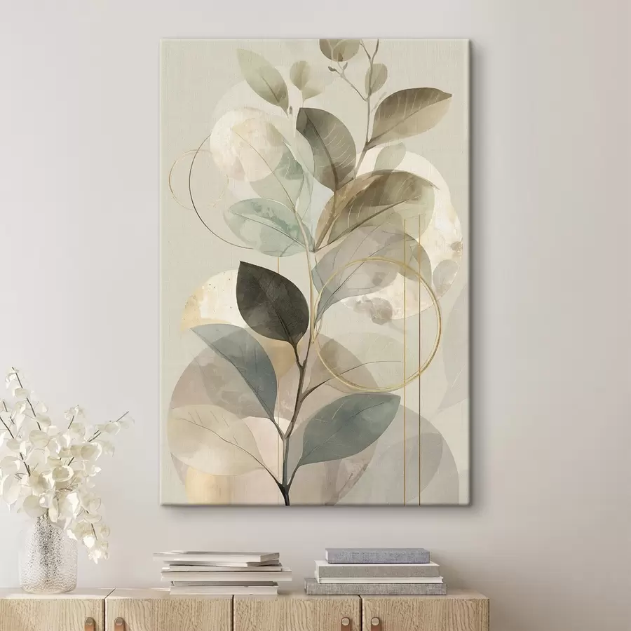 murales de pared Obra de arte abstracta botánica minimalista: una elegante rama de olivo con delicadas hojas de color verde salvia y beige cálido s49879