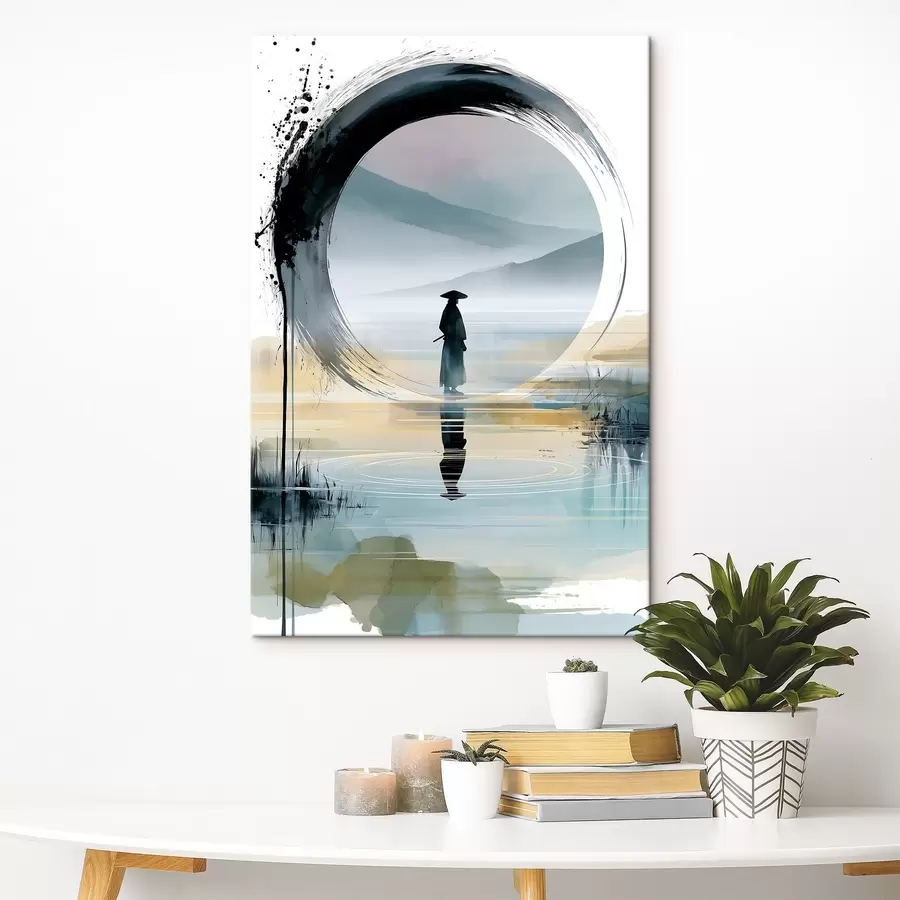murales de pared Una ilustración zen contemporánea en la que aparecen un samurái, un círculo enso, un paisaje pintado en acuarela y un reflejo en un espejo s49880