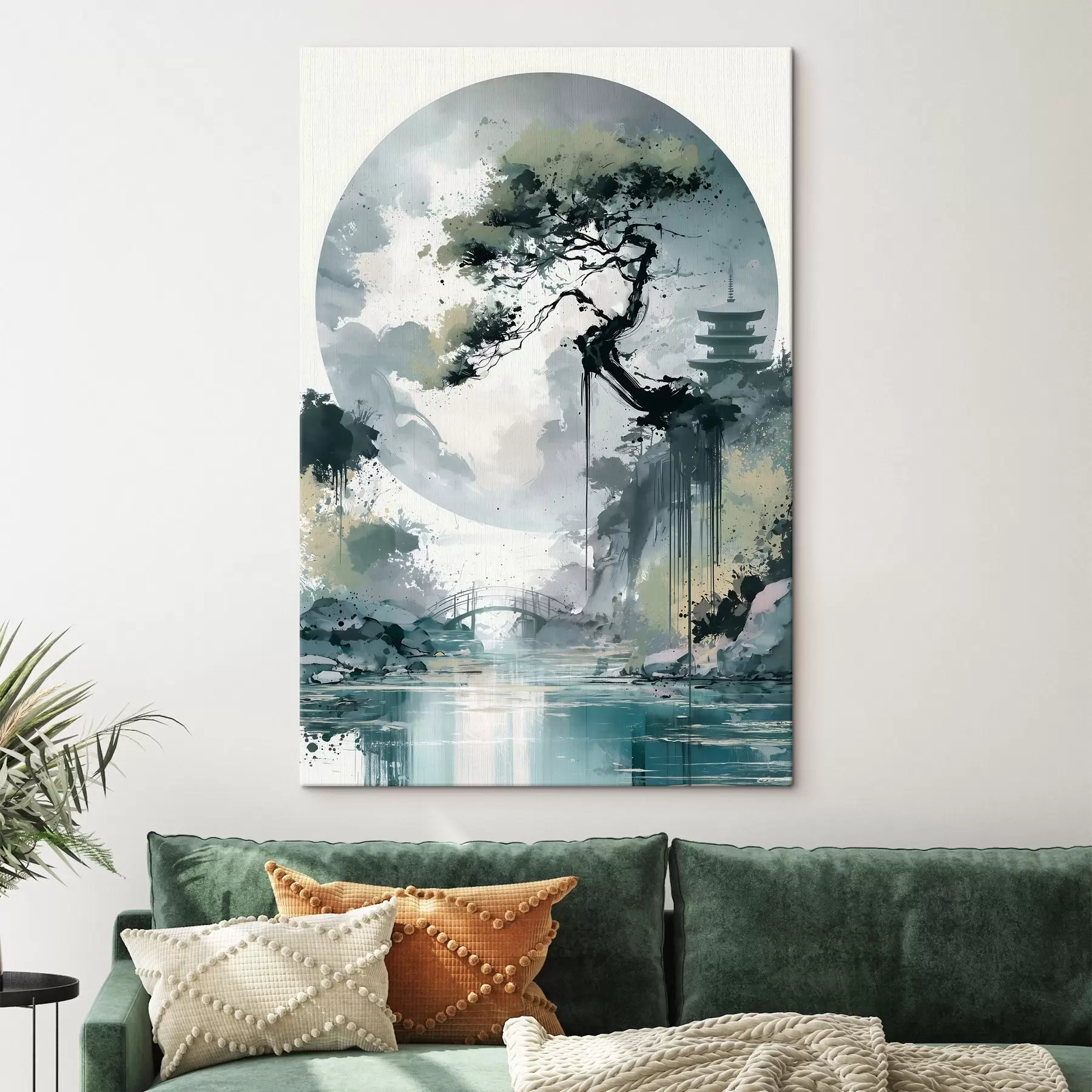 murales de pared Un paisaje japonés al estilo sumi-e en el que se aprecian un pino esbelto, un puente y una pagoda, con unas aguas tranquilas como telón de fondo s49881