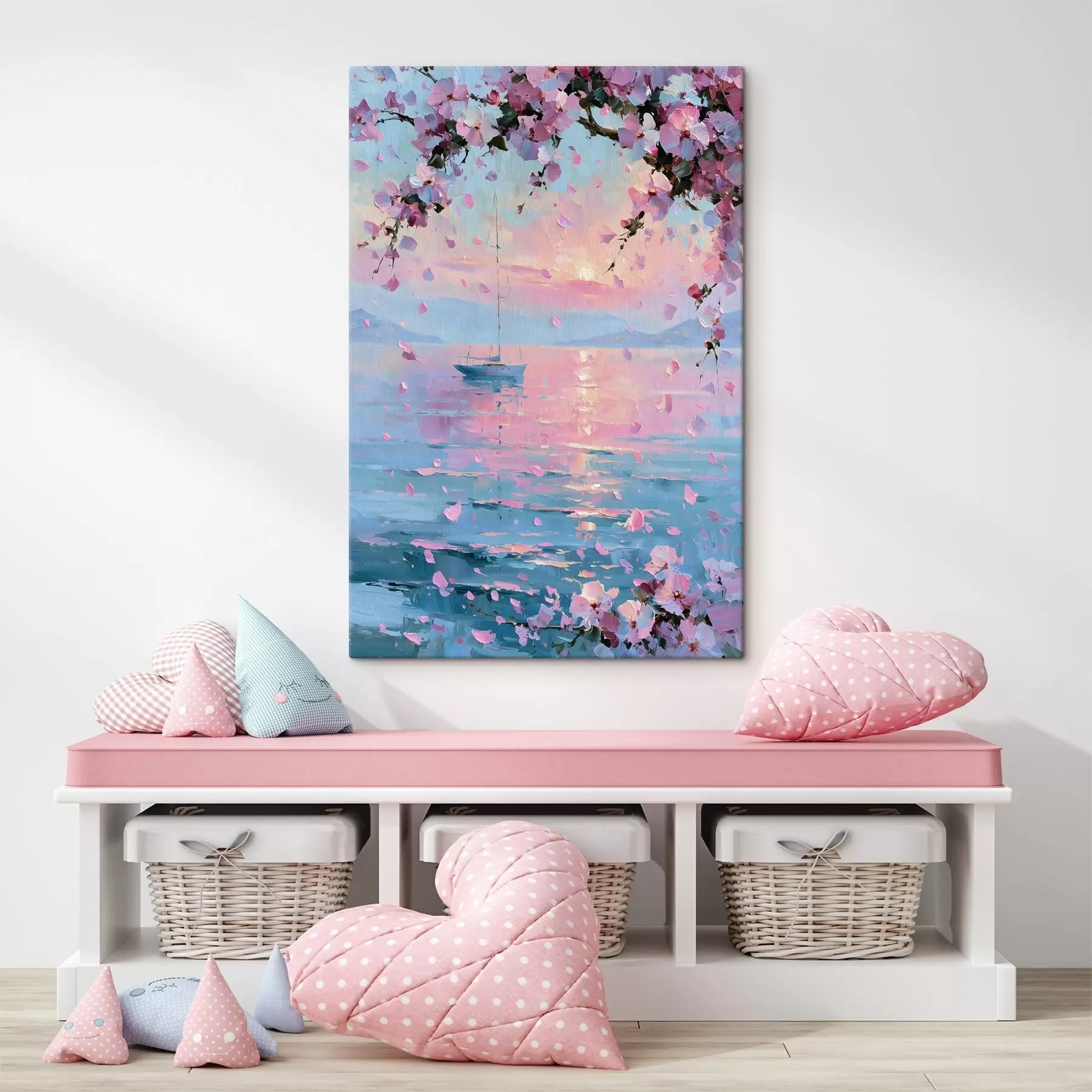 murales de pared Un elegante yate blanco en el mar al atardecer, bajo las ramas en flor de un cerezo rosa, al estilo de un cuadro al óleo s49883