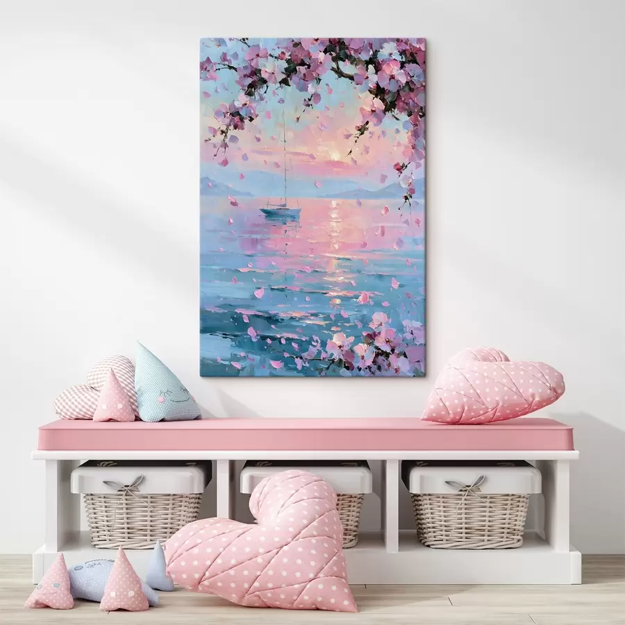 murales de pared Un elegante yate blanco en el mar al atardecer, bajo las ramas en flor de un cerezo rosa, al estilo de un cuadro al óleo s49883