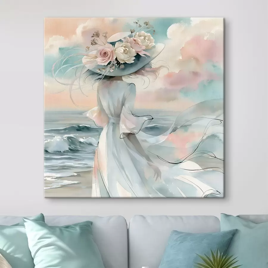 murales de pared Una chica romántica con un sombrero de flores a orillas del mar, en estilo acuarela s49890