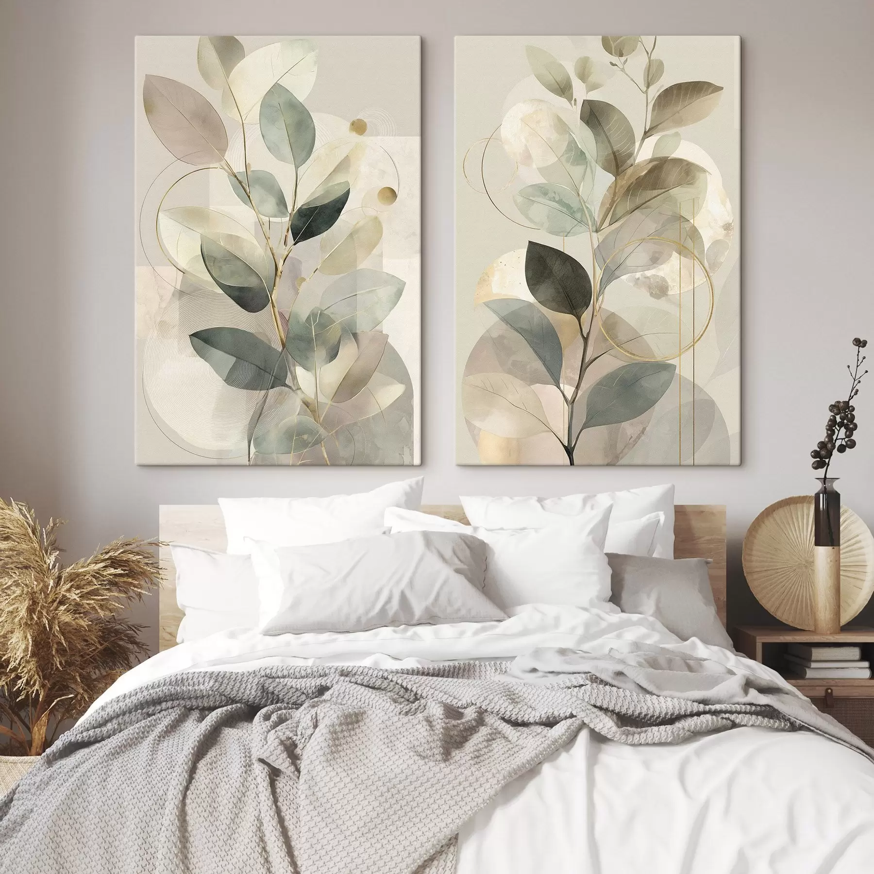 murales de pared Obra de arte abstracta botánica minimalista: una elegante rama de olivo con delicadas hojas de color verde salvia y beige cálido m30726