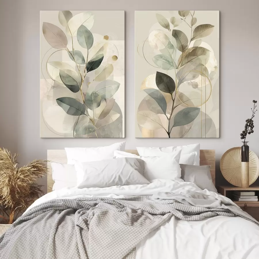 murales de pared Obra de arte abstracta botánica minimalista: una elegante rama de olivo con delicadas hojas de color verde salvia y beige cálido m30726