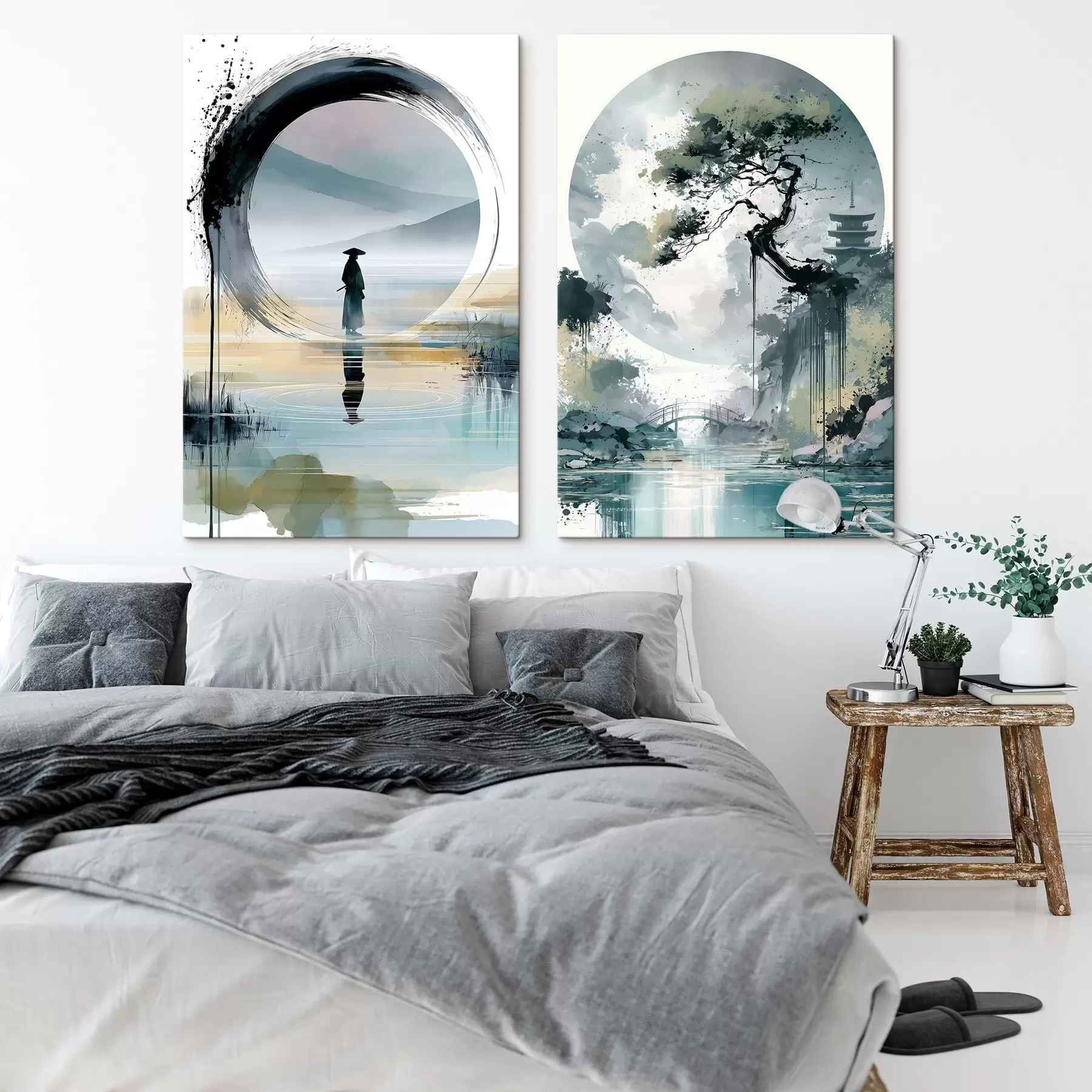 murales de pared Un paisaje japonés al estilo sumi-e en el que aparecen un pino esbelto, un puente y una pagoda frente a unas aguas tranquilas; un samurái, un círculo enso y un paisaje en acuarela. m30727