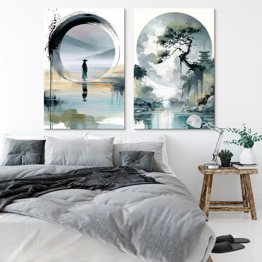 murales de pared Un paisaje japonés al estilo sumi-e en el que aparecen un pino esbelto, un puente y una pagoda frente a unas aguas tranquilas; un samurái, un círculo enso y un paisaje en acuarela. m30727