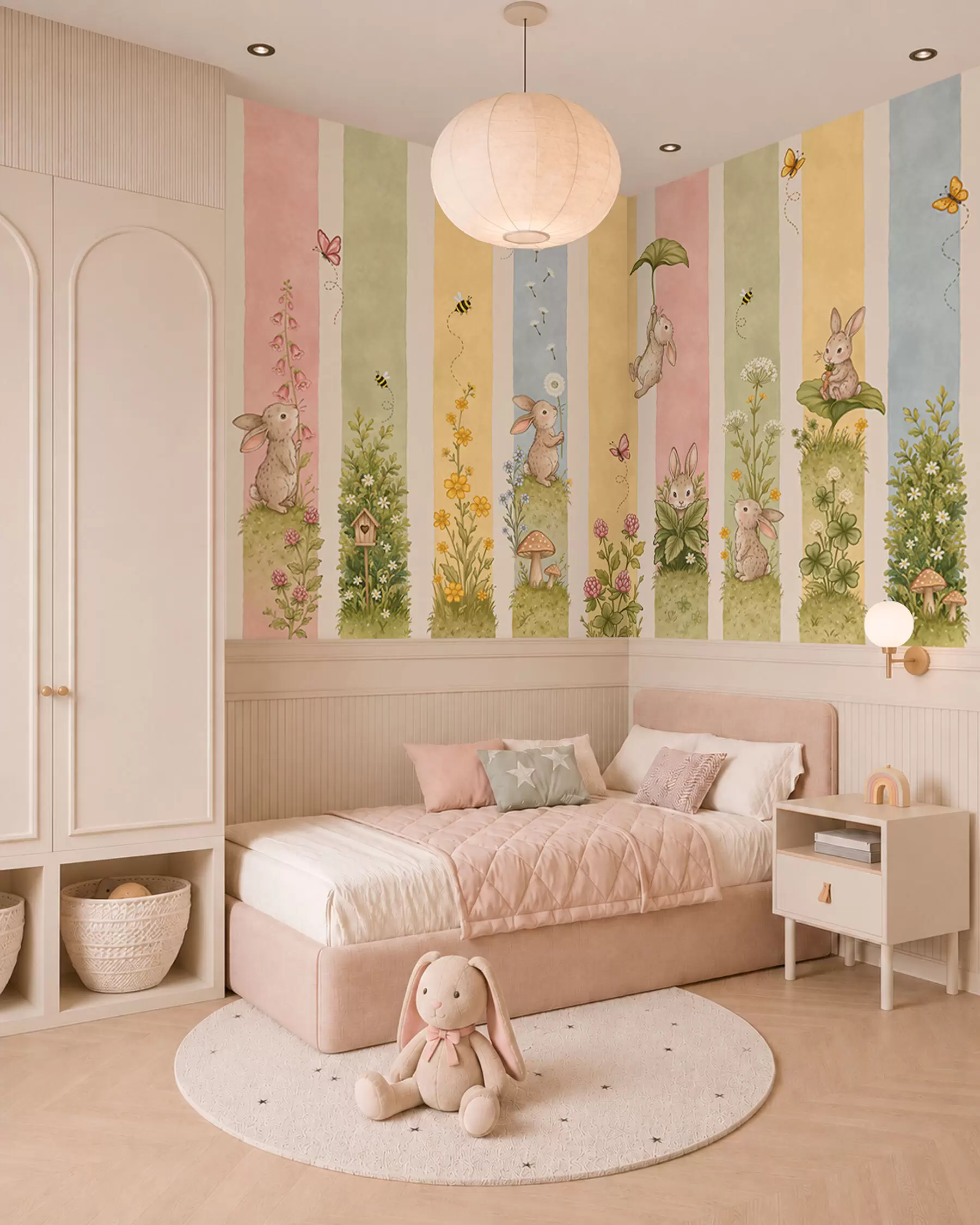 murales de pared Rayas en tonos pastel con conejos, flores, mariposas y abejas w05730