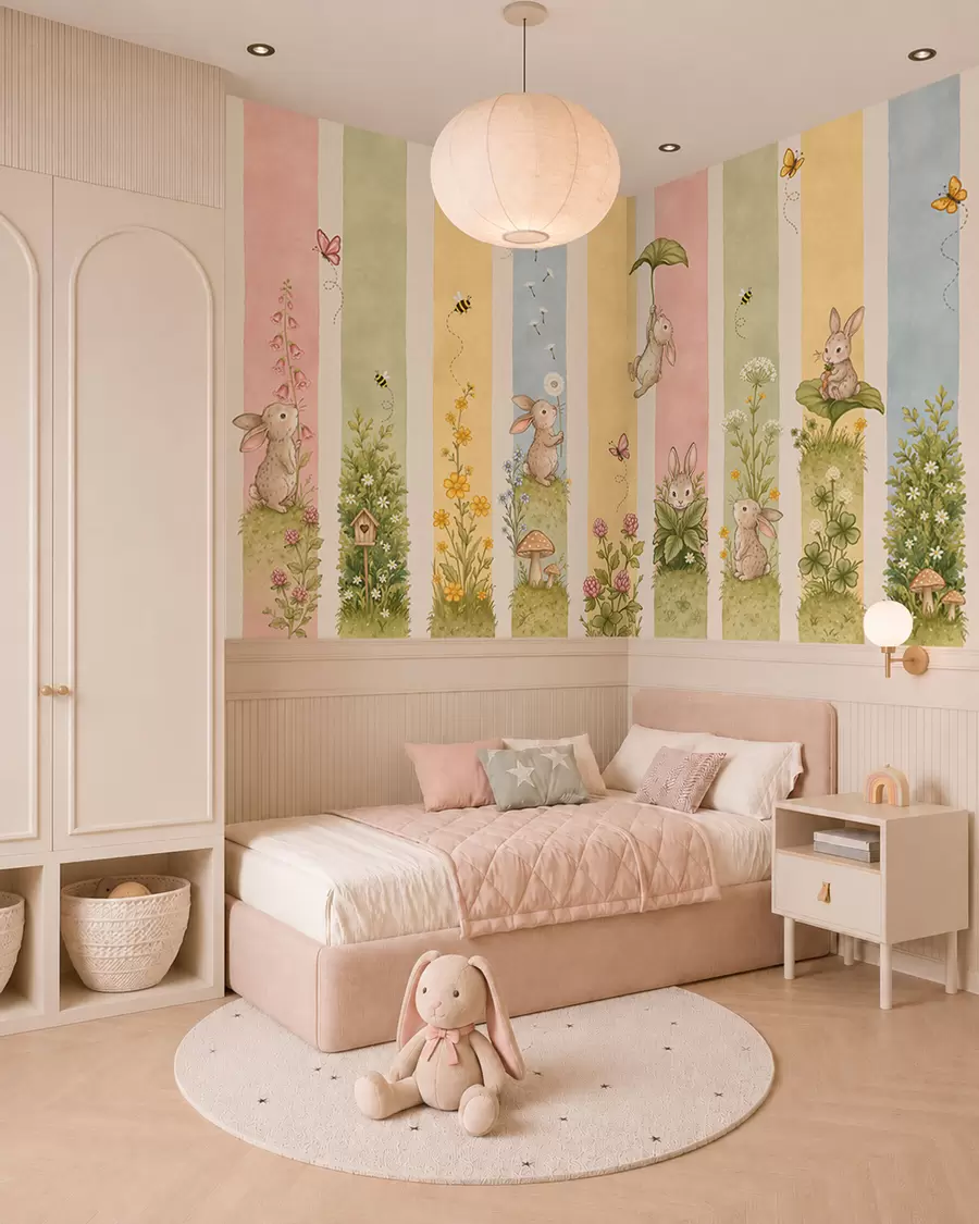 murales de pared Rayas en tonos pastel con conejos, flores, mariposas y abejas w05730