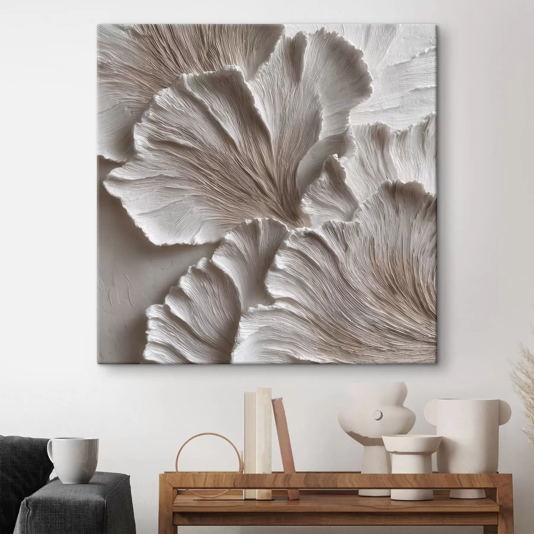 murales de pared Composición con formas orgánicas tridimensionales en una paleta de colores beige y blanco s49708