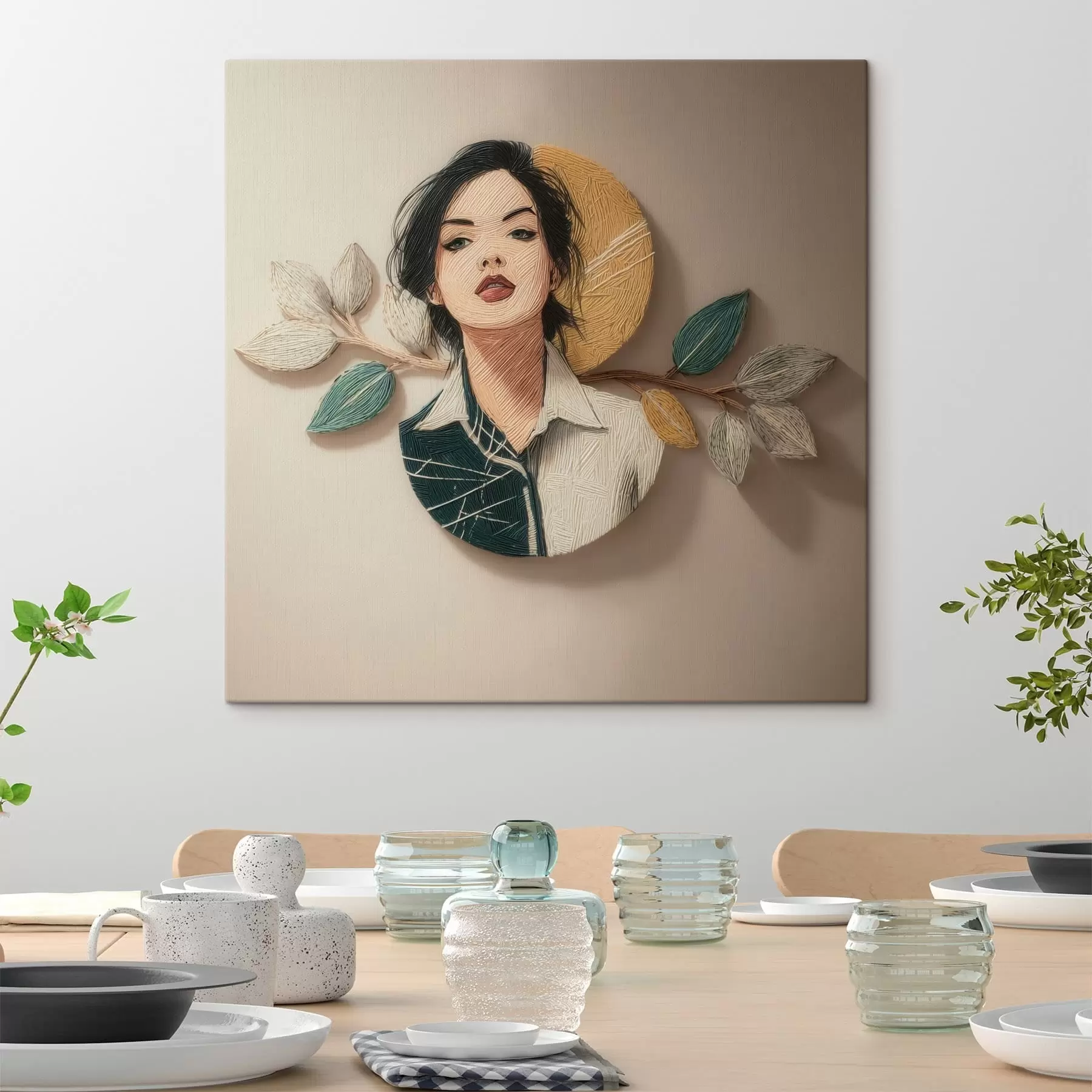 murales de pared Composición decorativa con un retrato femenino y hojas en estilo gráfico s49710