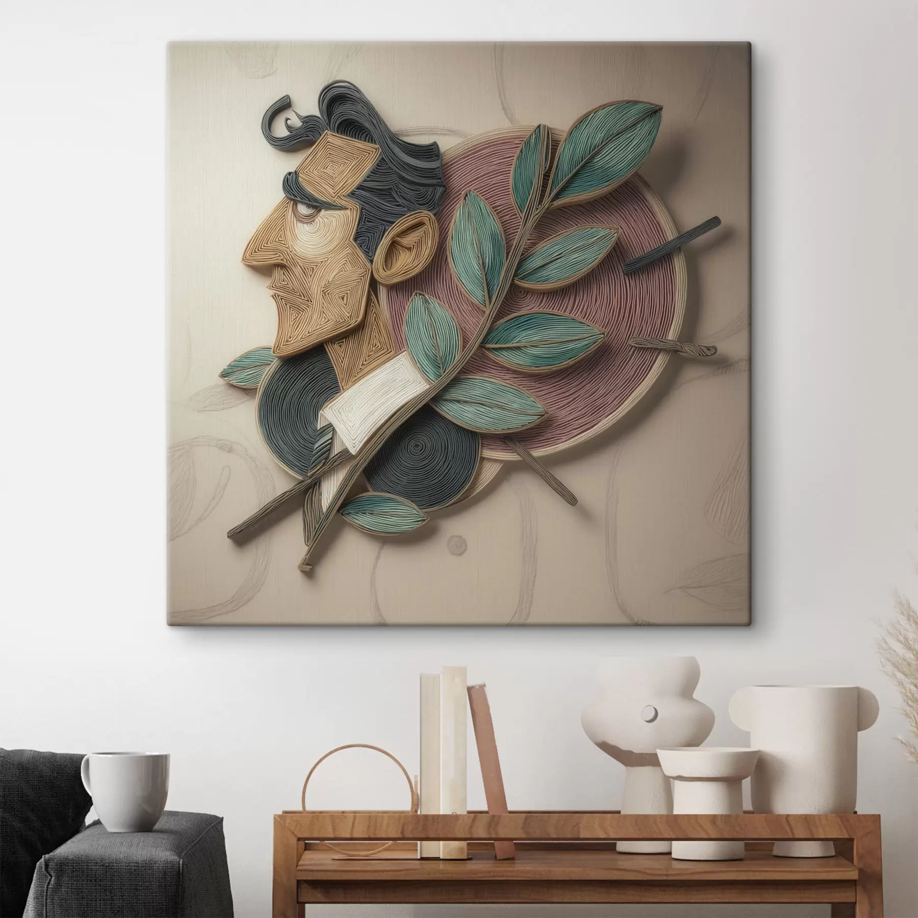 murales de pared Retrato masculino abstracto con una rama frondosa, en un estilo de ilustración con textura s49711
