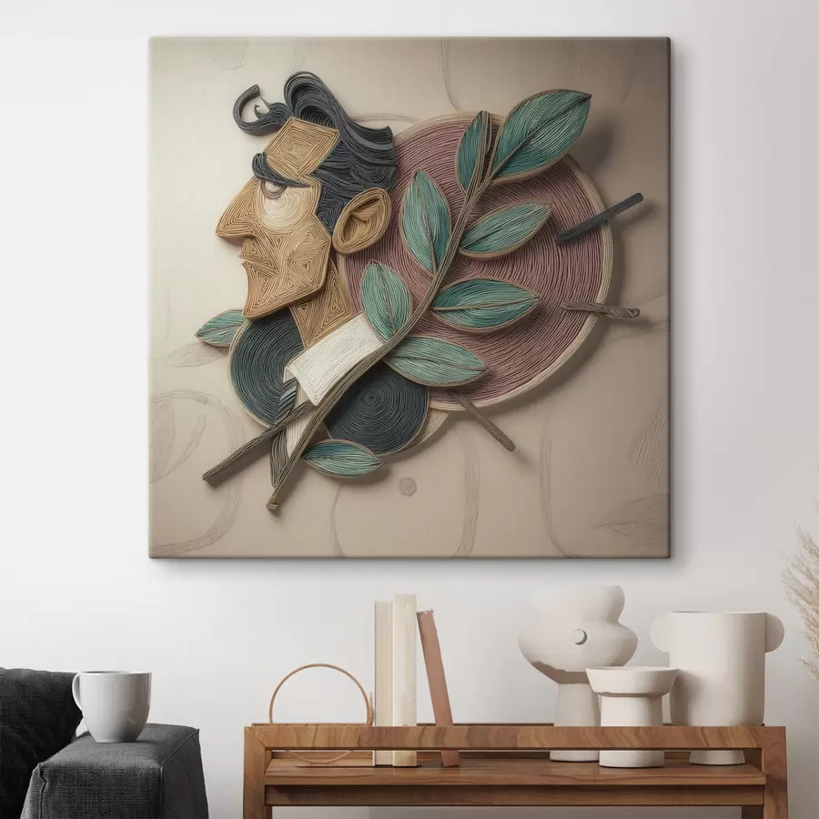murales de pared Retrato masculino abstracto con una rama frondosa, en un estilo de ilustración con textura s49711