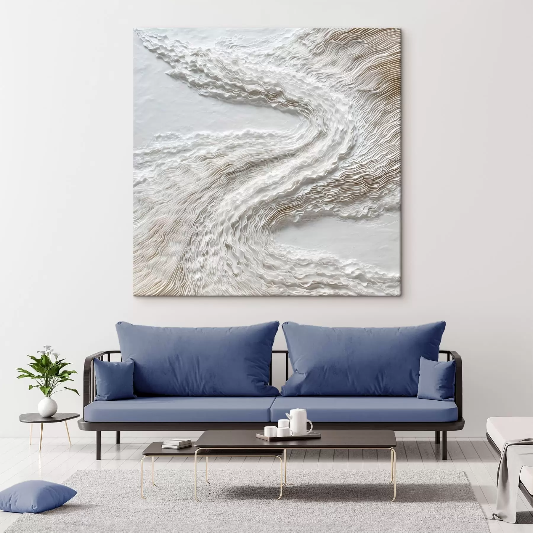 murales de pared Ondas blancas con textura sobre un fondo claro, en estilo minimalista s49716