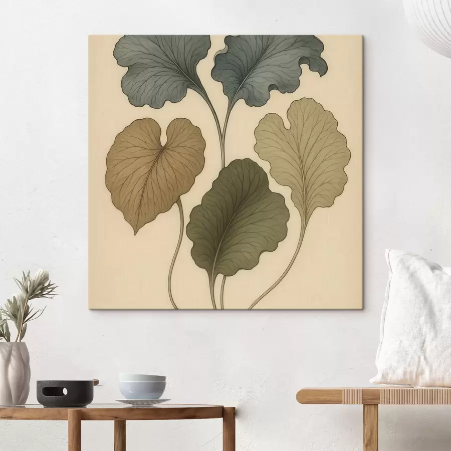 murales de pared Hojas decorativas en tonos suaves sobre un fondo beige s49721
