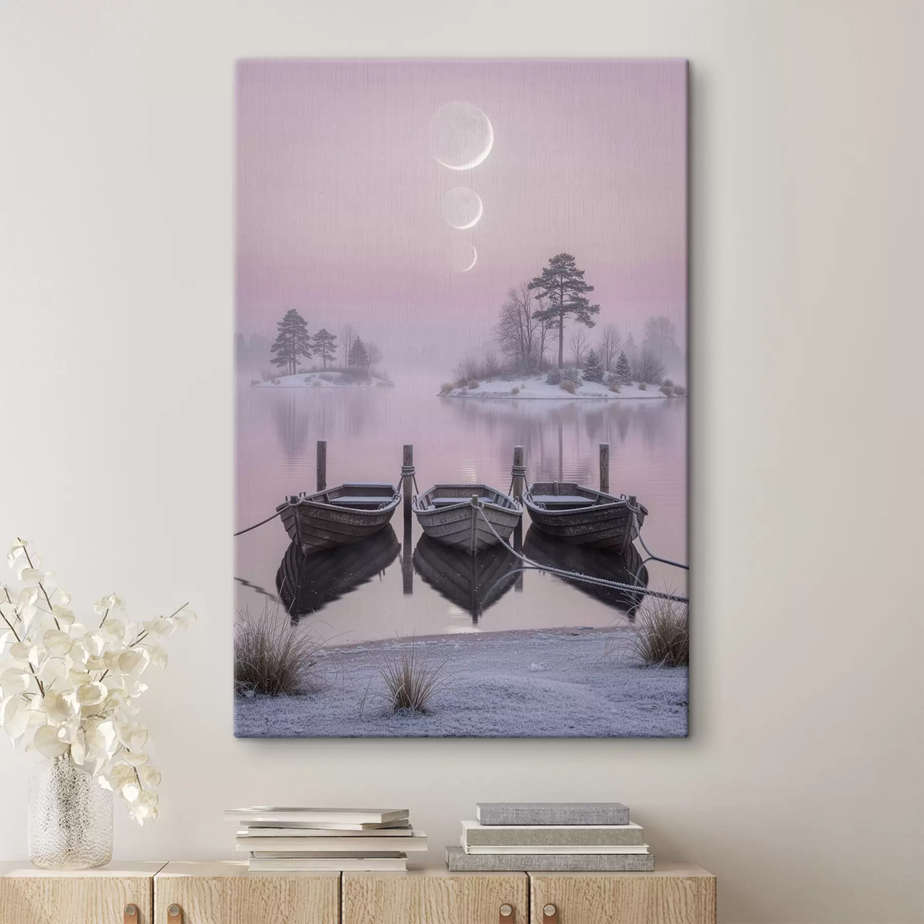 murales de pared Paisaje con un lago, barcas y las fases lunares, pintado en estilo pastel s49724