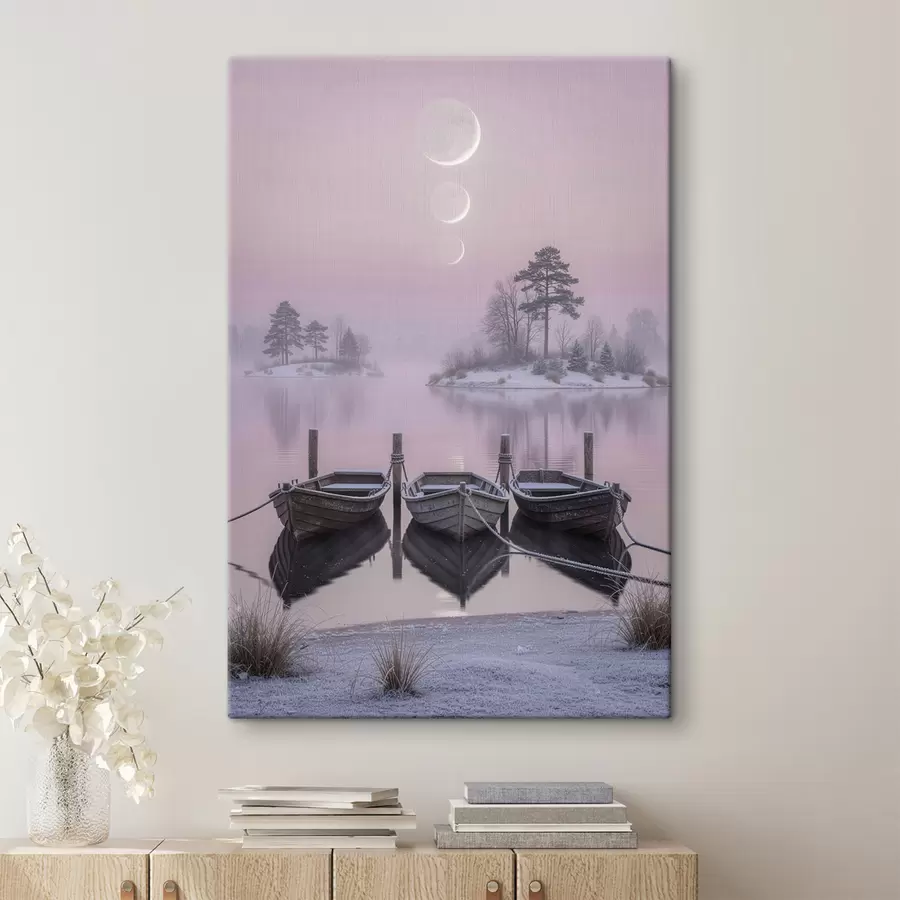 murales de pared Paisaje con un lago, barcas y las fases lunares, pintado en estilo pastel s49724