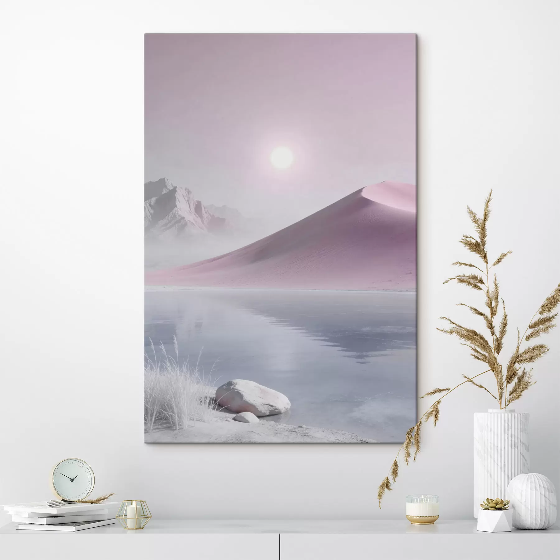 murales de pared Lago de montaña cerca de una colina arenosa en tonos pastel s49725