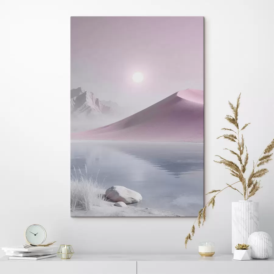 murales de pared Lago de montaña cerca de una colina arenosa en tonos pastel s49725