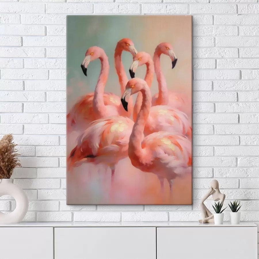 murales de pared Flamencos rosas en suaves tonos pastel, al estilo de la pintura al óleo s49726