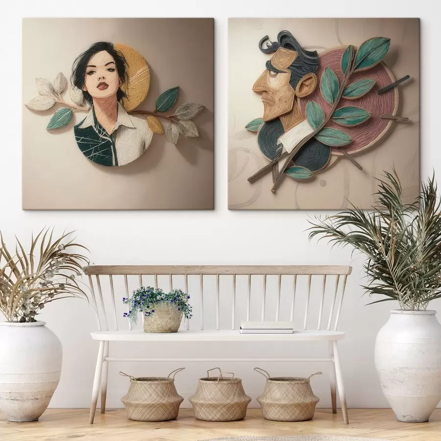murales de pared Retratos estilizados de una mujer y un hombre con elementos botánicos, en un estilo gráfico tridimensional m30649