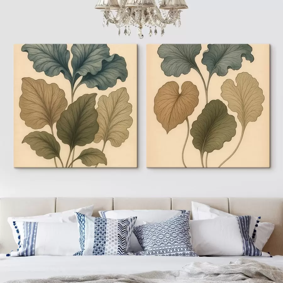 murales de pared Díptico botánico con hojas texturizadas en tonos apagados, al estilo de la ilustración retro m30654