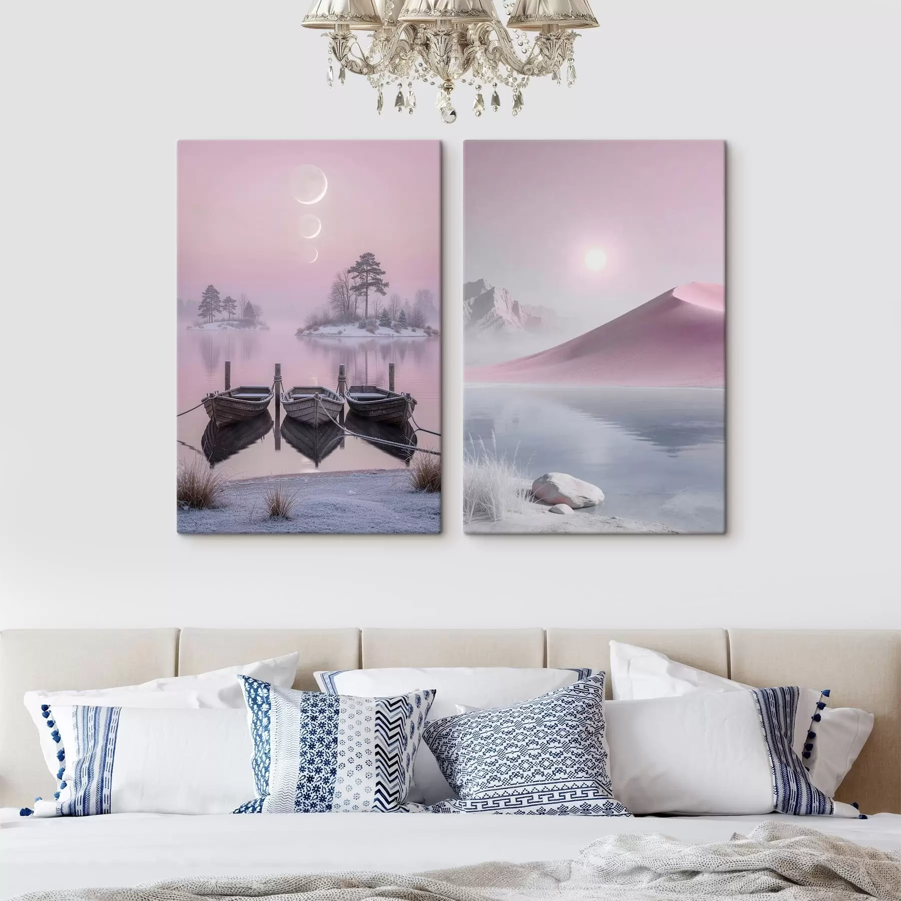 murales de pared Paisaje fantástico con barcas de madera y picos montañosos m30657