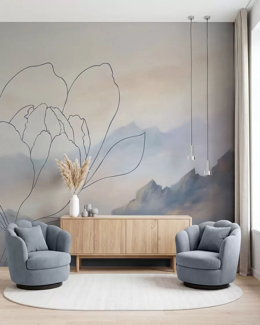 murales de pared Paisaje de montaña con la silueta de una flor w05788v1