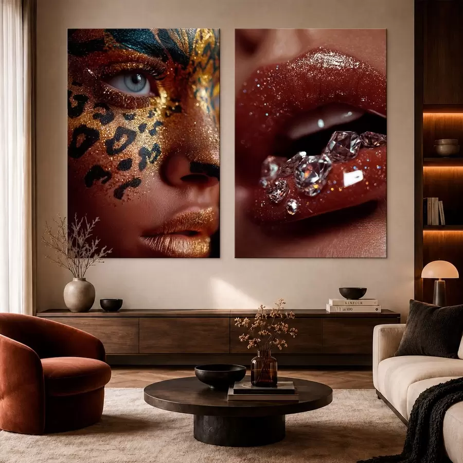 murales de pared Díptico con labios brillantes y maquillaje m30746