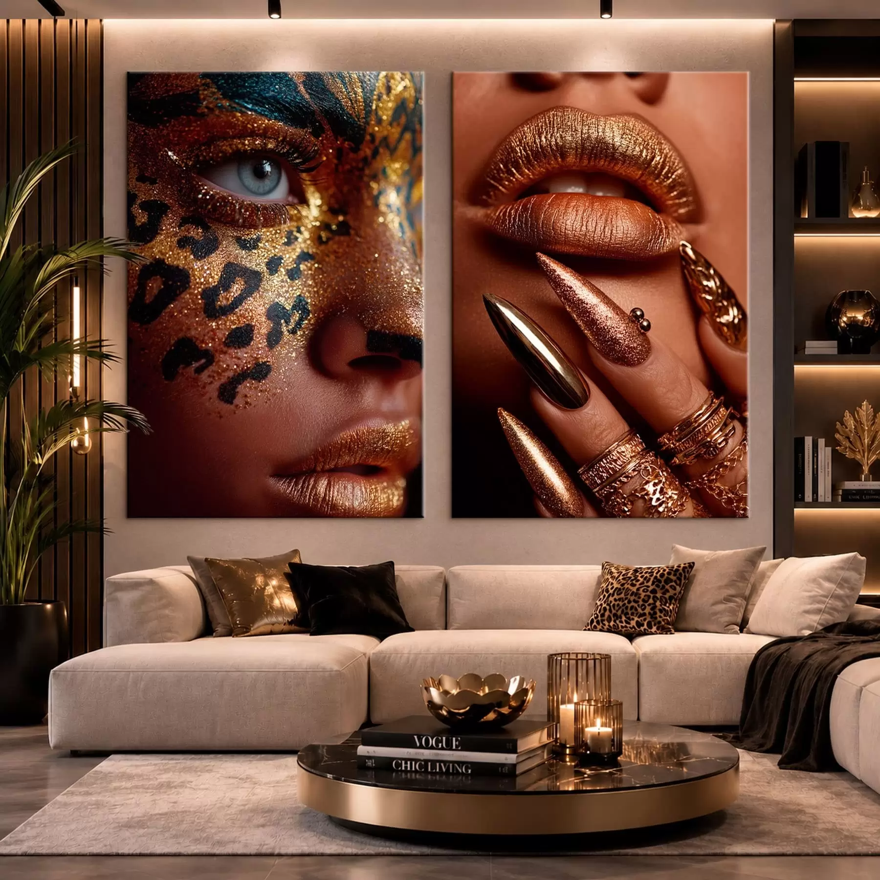 murales de pared Díptico con maquillaje metalizado y pinturas faciales con estampado animal m30747