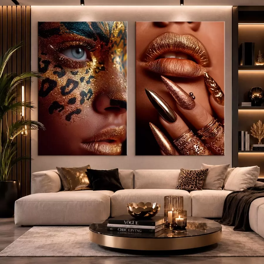 murales de pared Díptico con maquillaje metalizado y pinturas faciales con estampado animal m30747