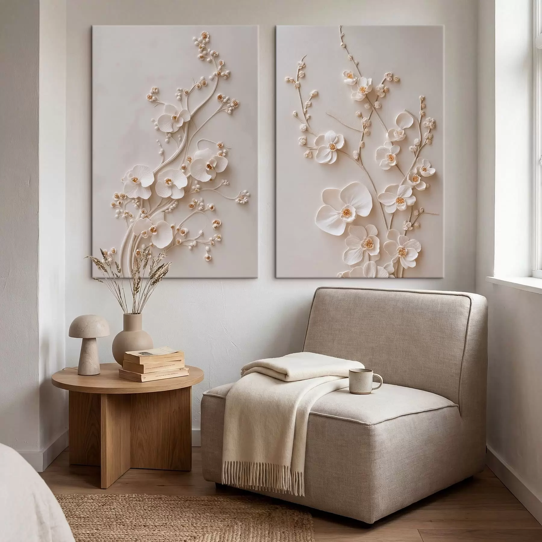 murales de pared Díptico con flores blancas y efecto de relieve m30750