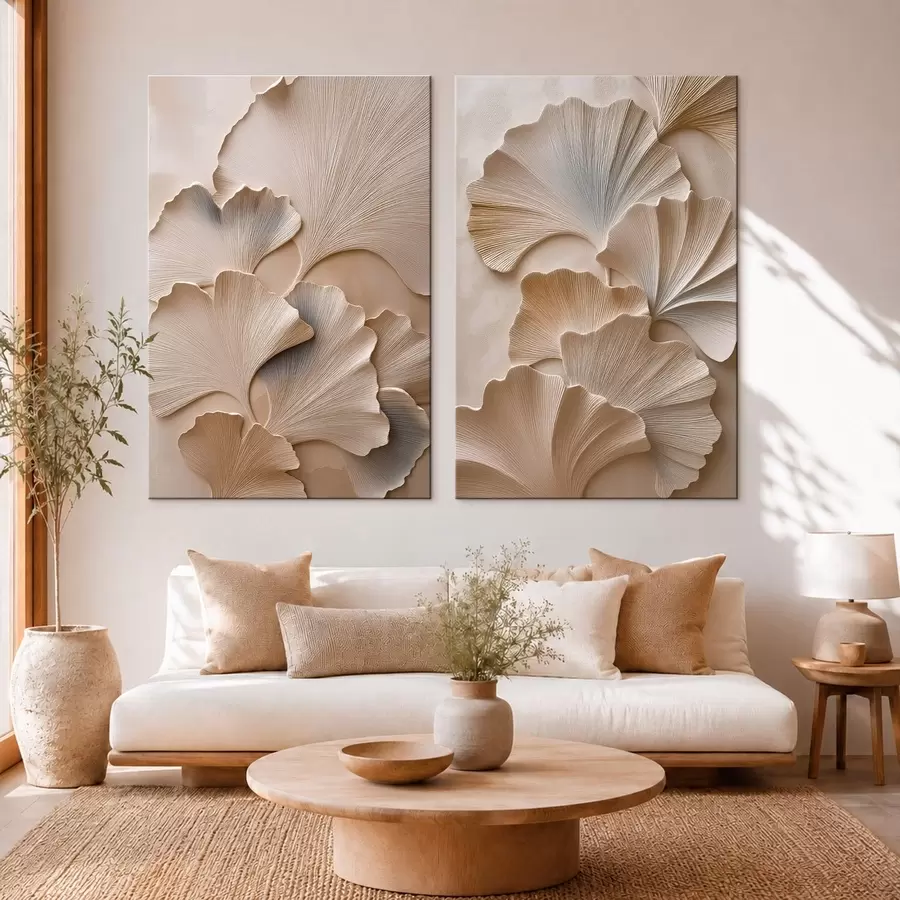 murales de pared Díptico con hojas de ginkgo y efecto de relieve m30751