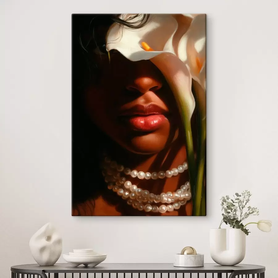 murales de pared Retrato con flores blancas y un collar de perlas s49978