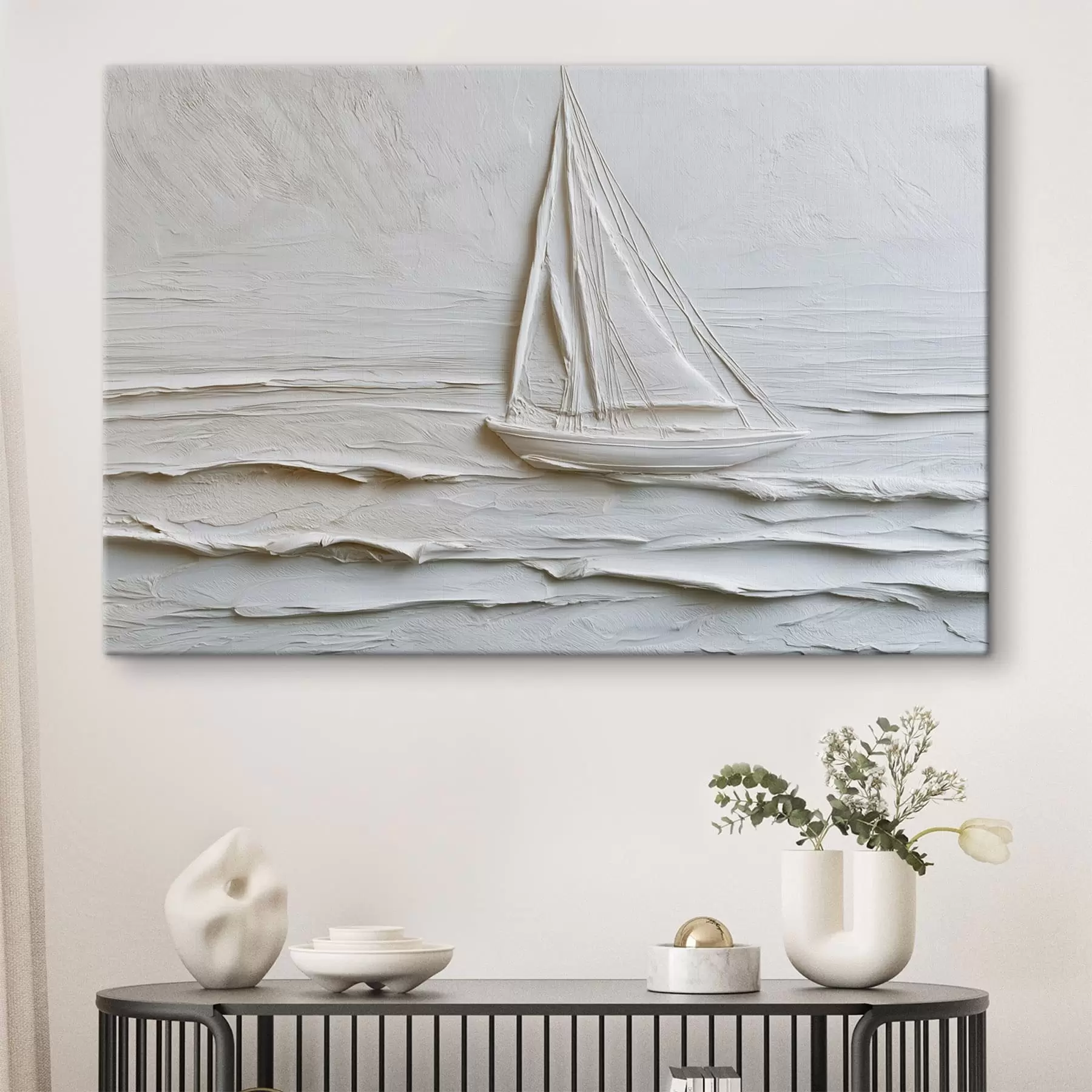 murales de pared Velero minimalista en el mar con efecto de relieve s49984