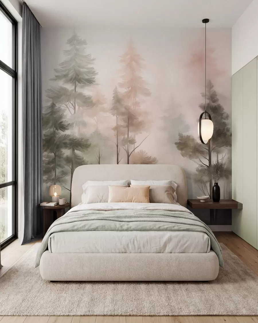murales de pared Pinos en la bruma rosa w09982