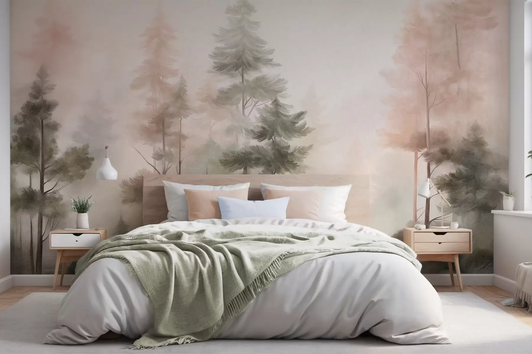 murales de pared Bosque con textura, con altos pinos en tonos verdes y rosas, envuelto en una suave y ligera niebla w09982