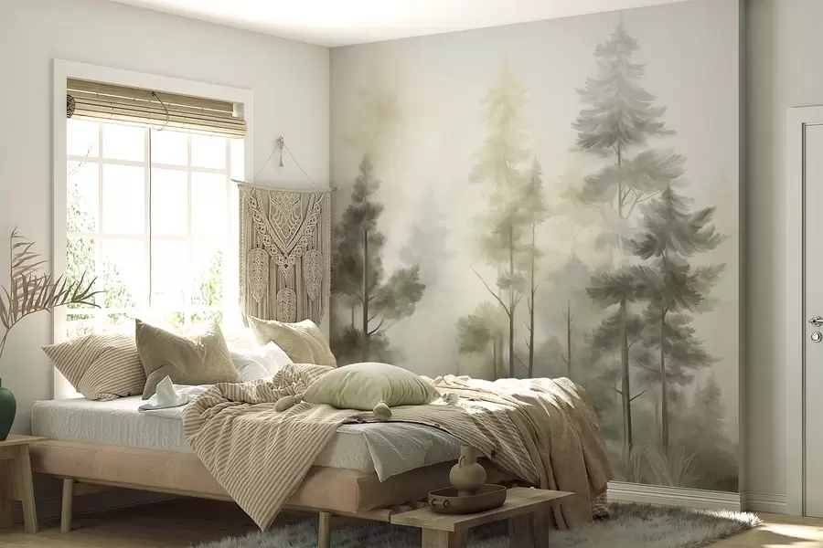 murales de pared Bosque con textura, con altos pinos en tonos verdes y amarillos, envuelto en una suave y ligera niebla w09982v2