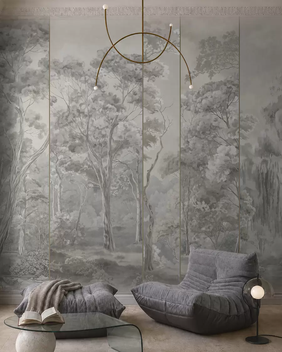 murales de pared Un bosque panorámico con árboles altos en tonos suaves y frescos w05811v1