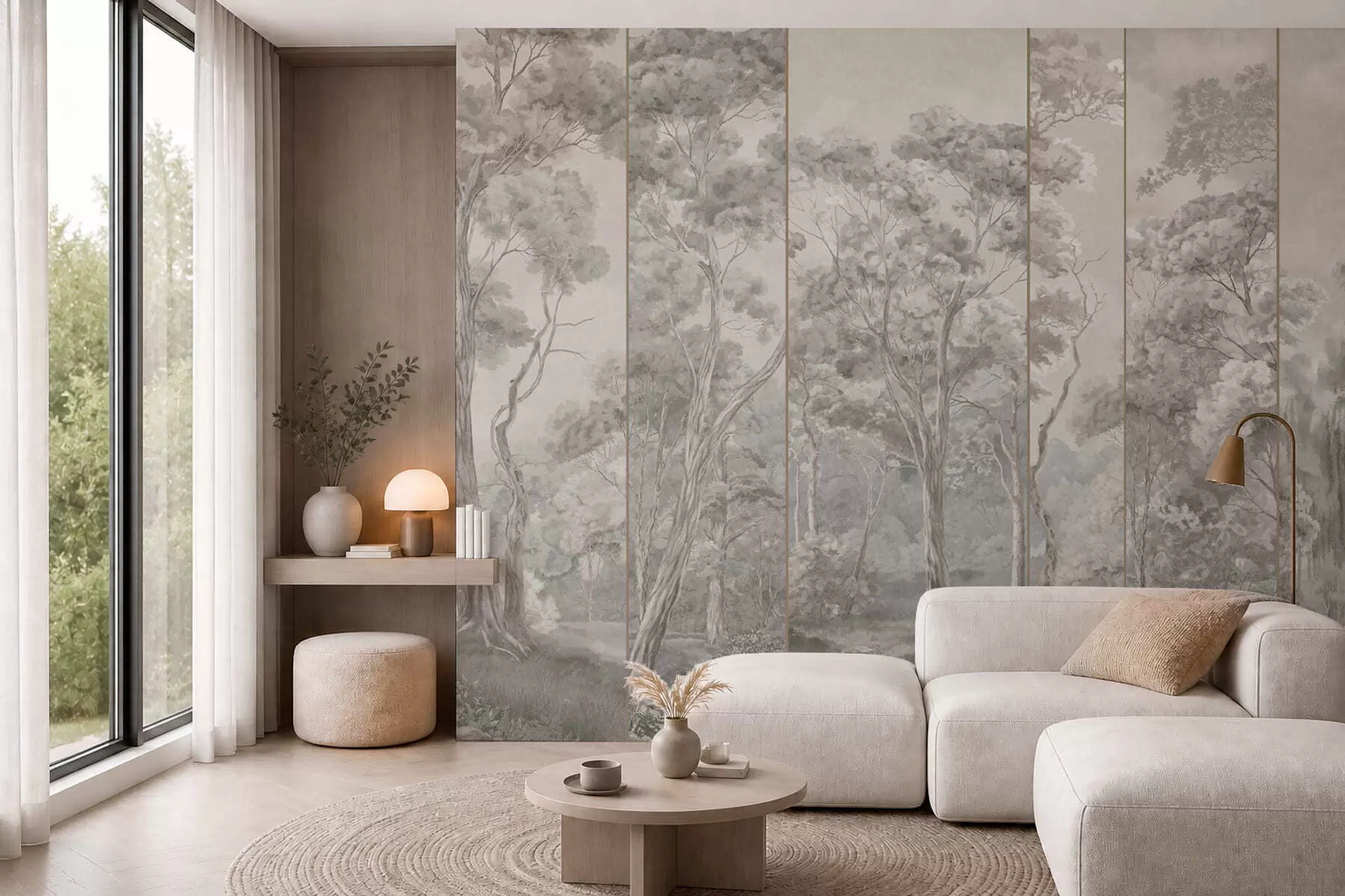 murales de pared Un bosque panorámico con árboles altos en tonos suaves y frescos w05811v1