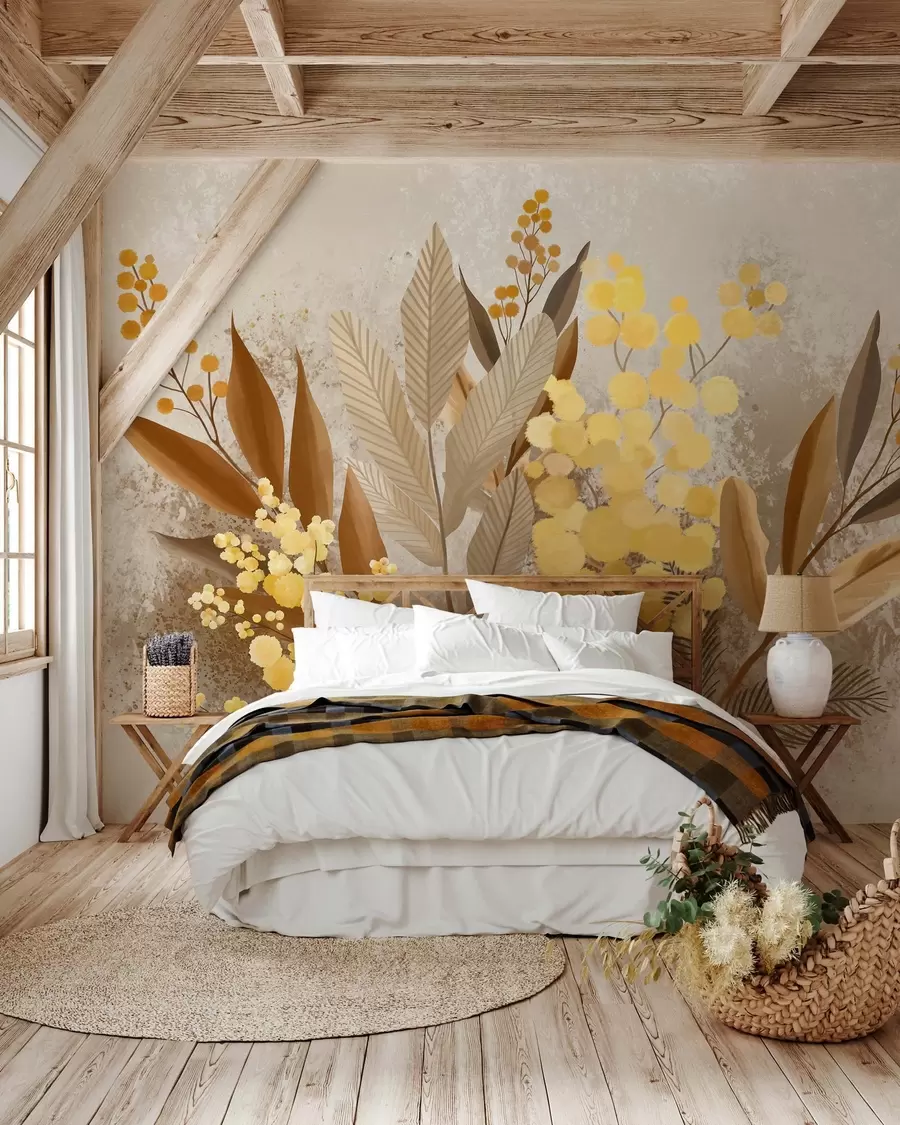 murales de pared Ramas de mimosa pintadas y un herbario en tonos cálidos w05659