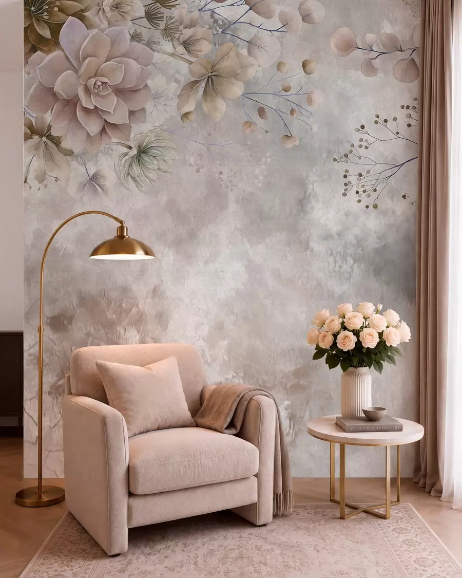 murales de pared Flores de fantasía de estilo retro en la imagen de arriba, en tonos beige y marrón w05753