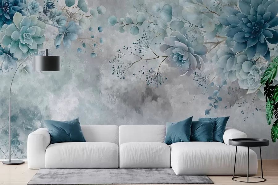 murales de pared Una vista desde arriba de unas flores fantásticas de estilo retro, en tonos azules y turquesa w05753v1